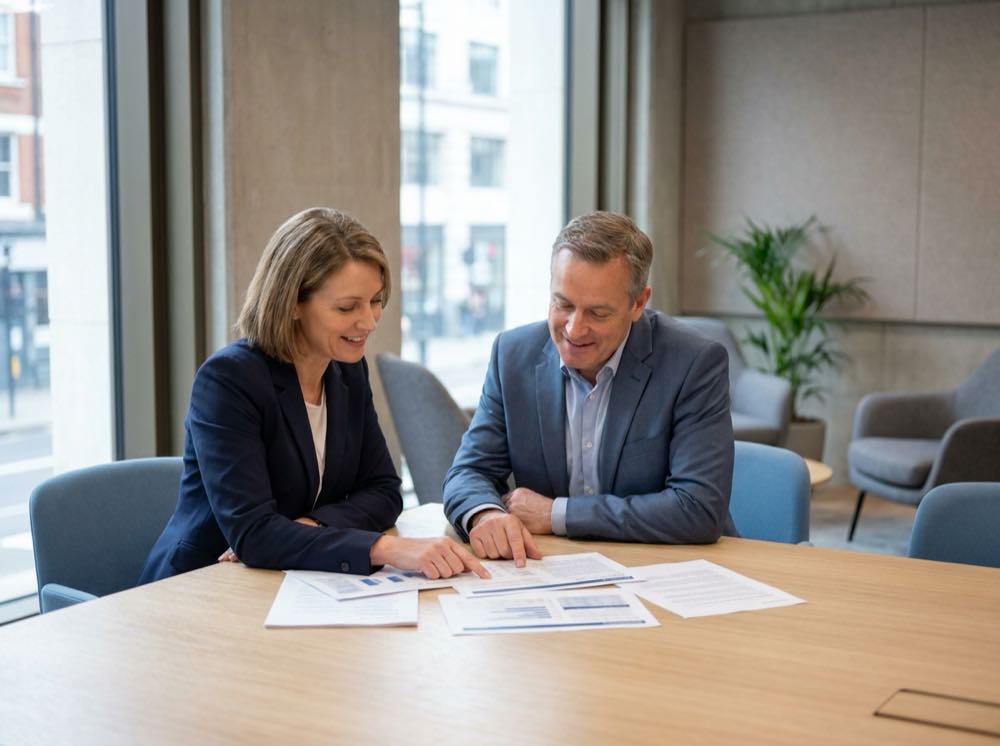 Two colleagues reviewing washroom service options together