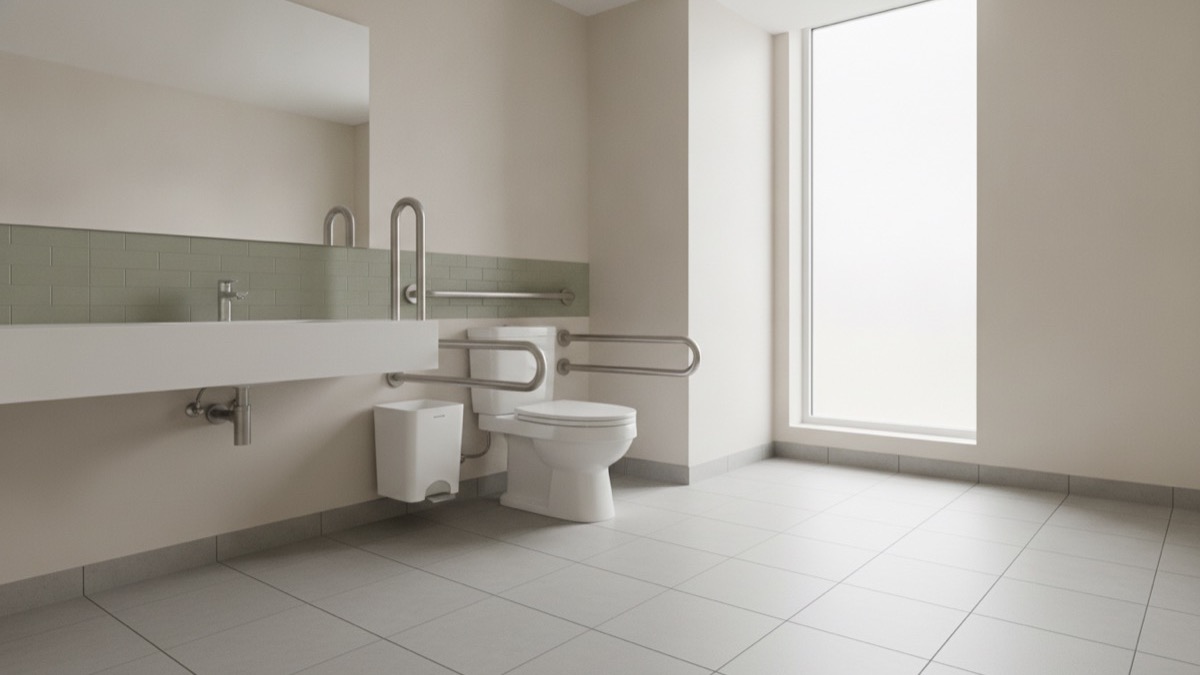 A clean, modern accessible workplace toilet with grab rails and a white wall-mounted sanitary bin
