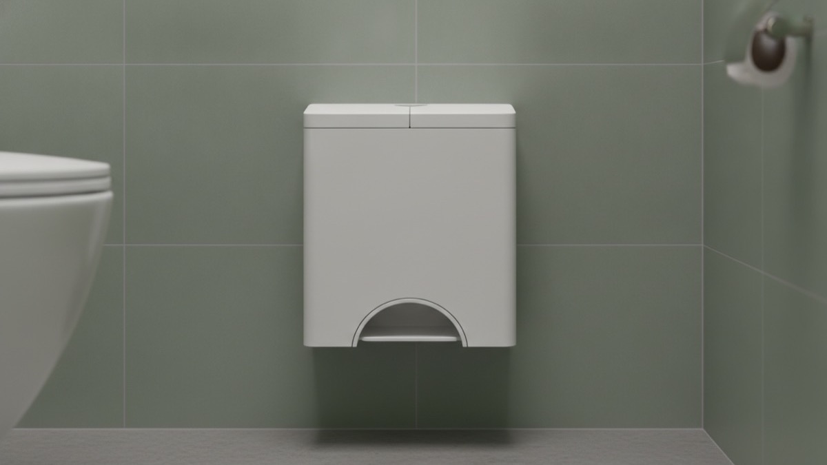 A clean white wall-mounted sanitary bin in a modern cubicle with a green wall