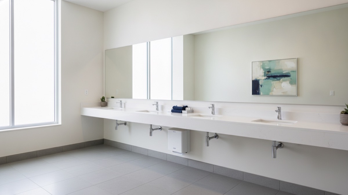 A bright, freshly cleaned modern office washroom with a vanity and wall-mounted sanitary bin