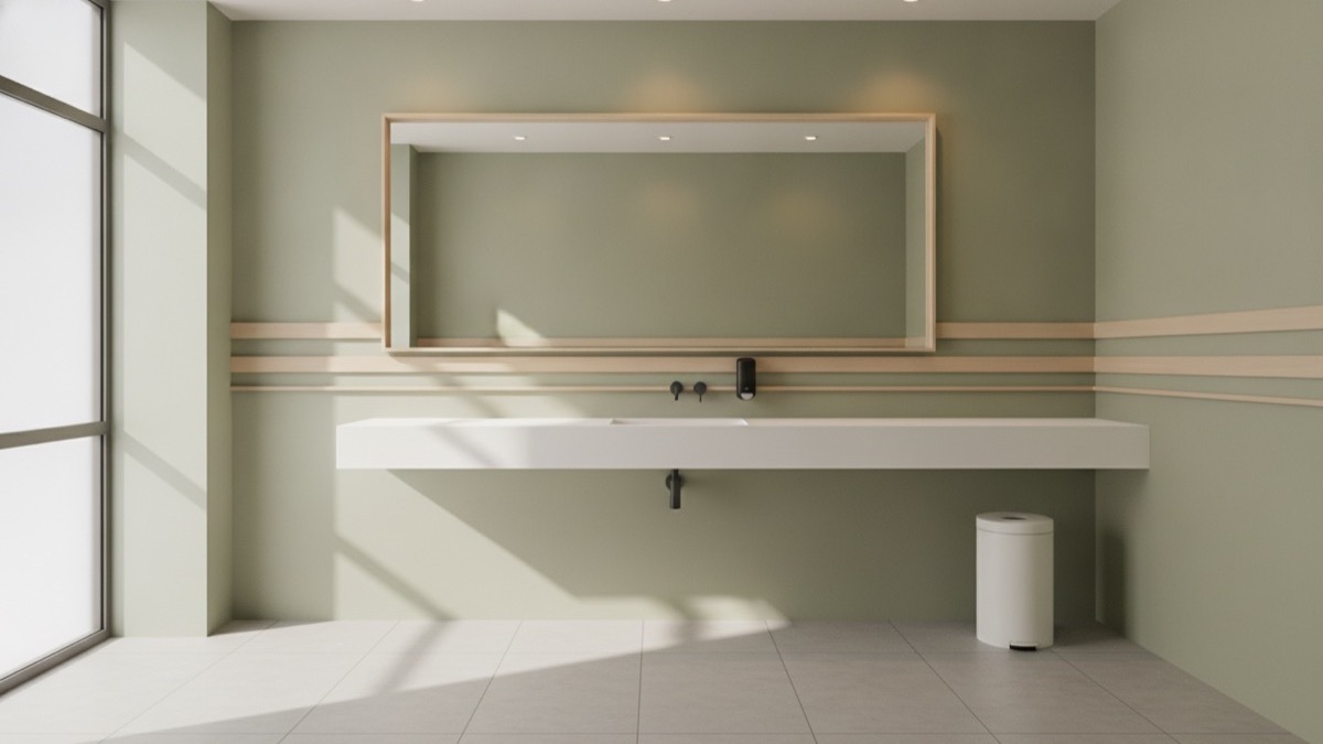 A smart, welcoming modern commercial washroom with a vanity, mirror and sage-green wall with pale wood accents