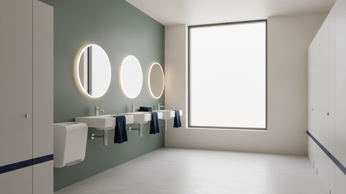A clean modern commercial washroom with a green feature wall and a wall-mounted sanitary bin