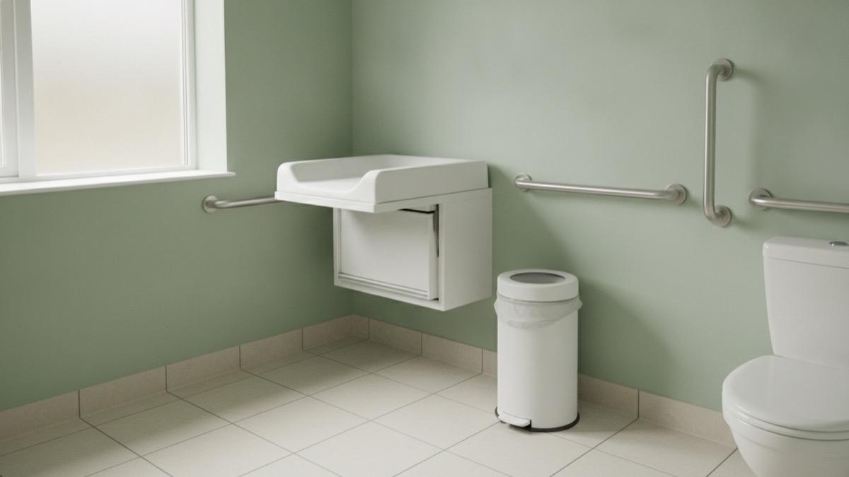A clean accessible washroom with a fold-down baby changing station, a nappy bin and grab rails on a sage-green wall