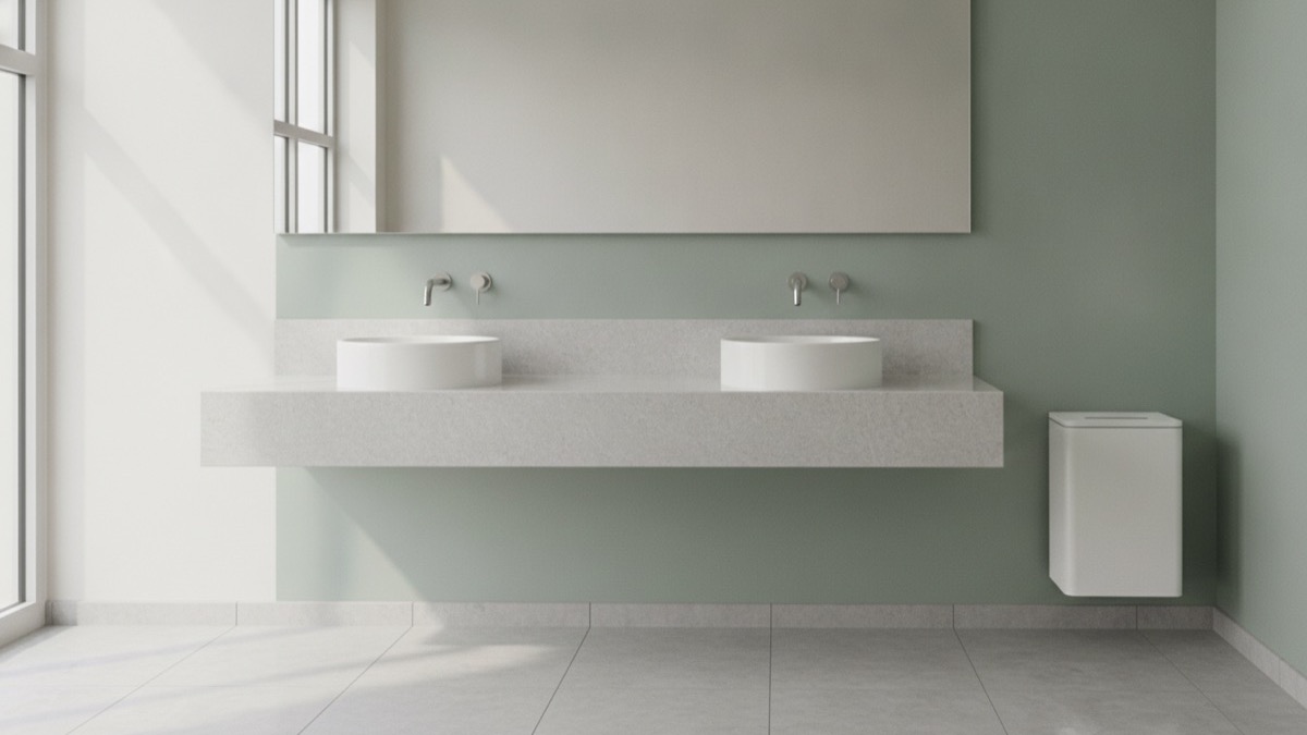 A clean modern washroom vanity with twin basins and a discreet white sanitary bin against a sage-green wall