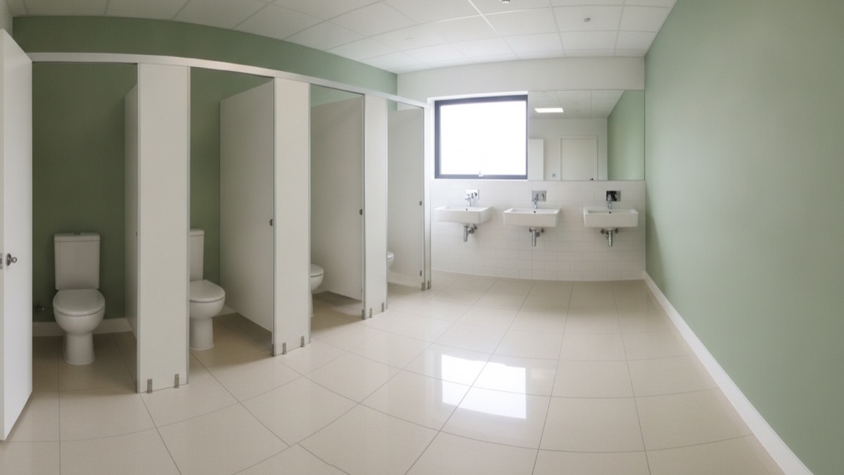 A bright, freshly serviced modern office washroom with clean white cubicle doors and a sage-green accent wall