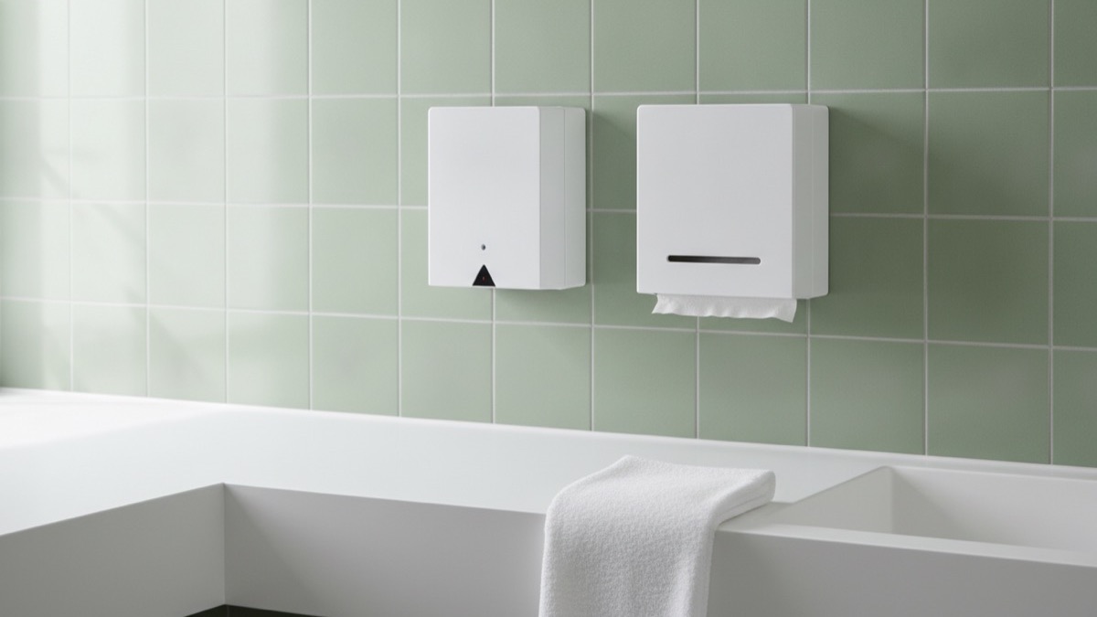 A clean modern washroom detail with a wall-mounted soap dispenser and paper towel dispenser on a sage-green wall