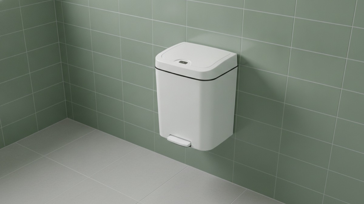 A clean white wall-mounted sanitary bin on a sage-green tiled wall in a modern washroom