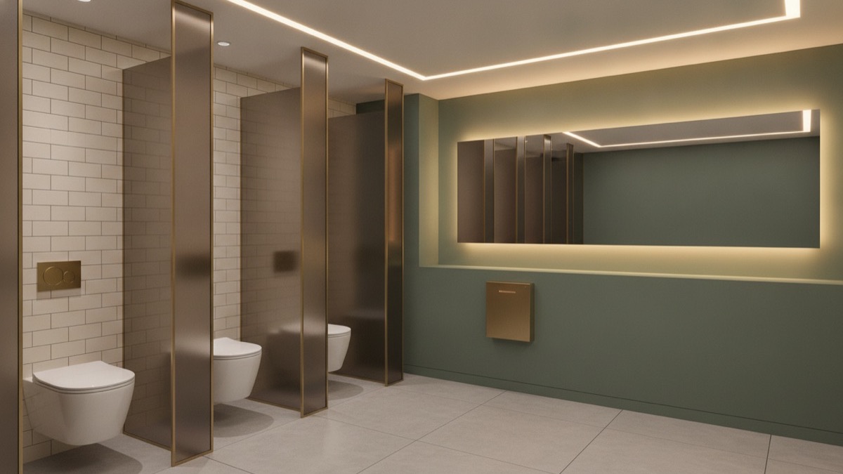 An upscale modern commercial washroom with premium fixtures and a sage-green feature wall
