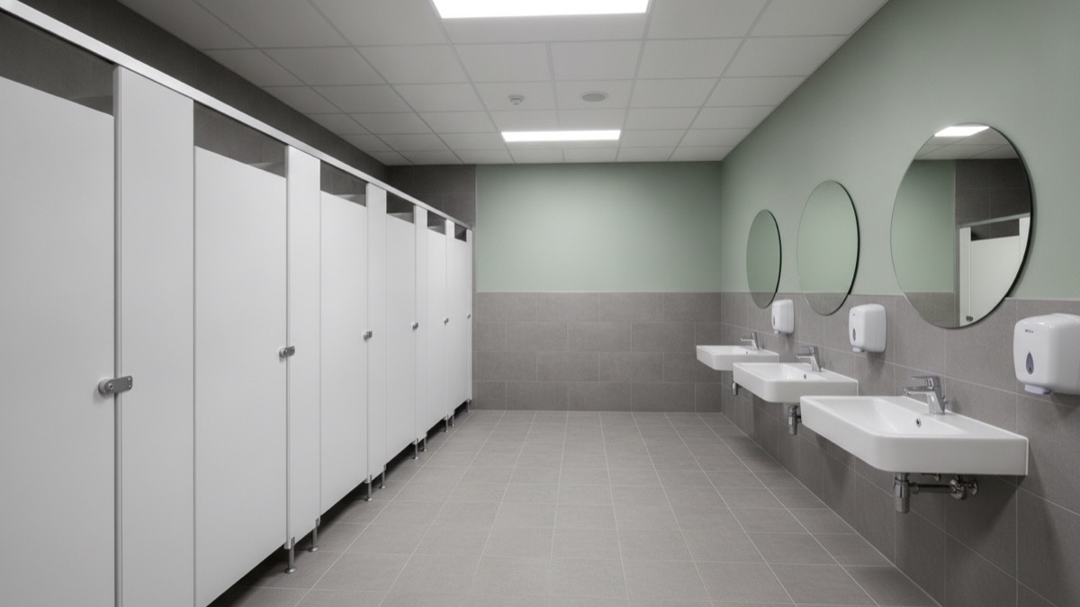 A clean, hard-wearing Birmingham commercial washroom with white cubicles, hand dryers and a sage-green wall