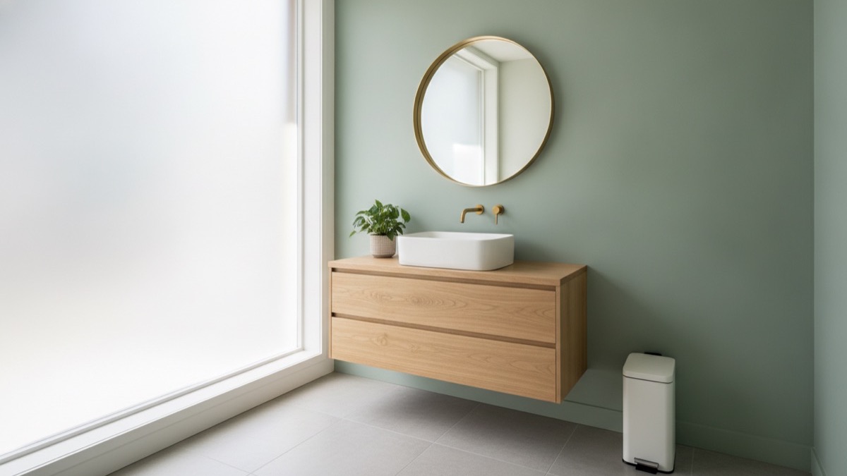 A bright boutique Bristol salon-style washroom with a wood vanity, round mirror and a sage-green wall