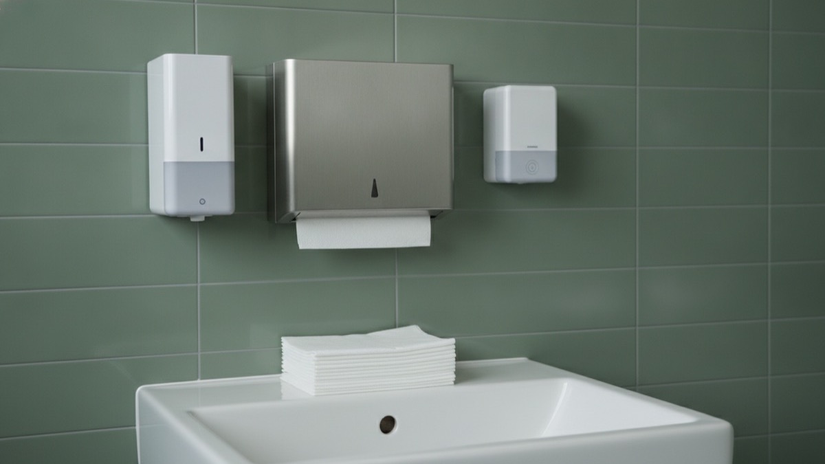 A modern washroom wall with a white soap dispenser, a stainless paper hand-towel dispenser and folded towels above a basin