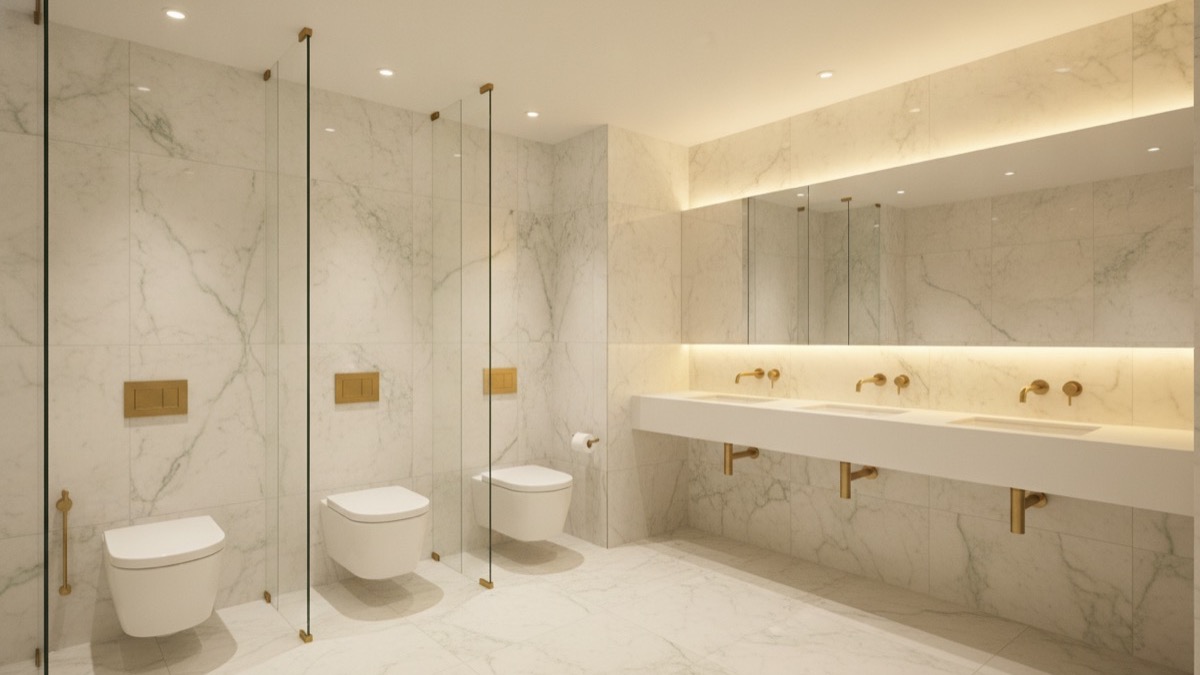 A sleek upscale London corporate washroom with marble-look tiles, sage-green accents and brass fittings