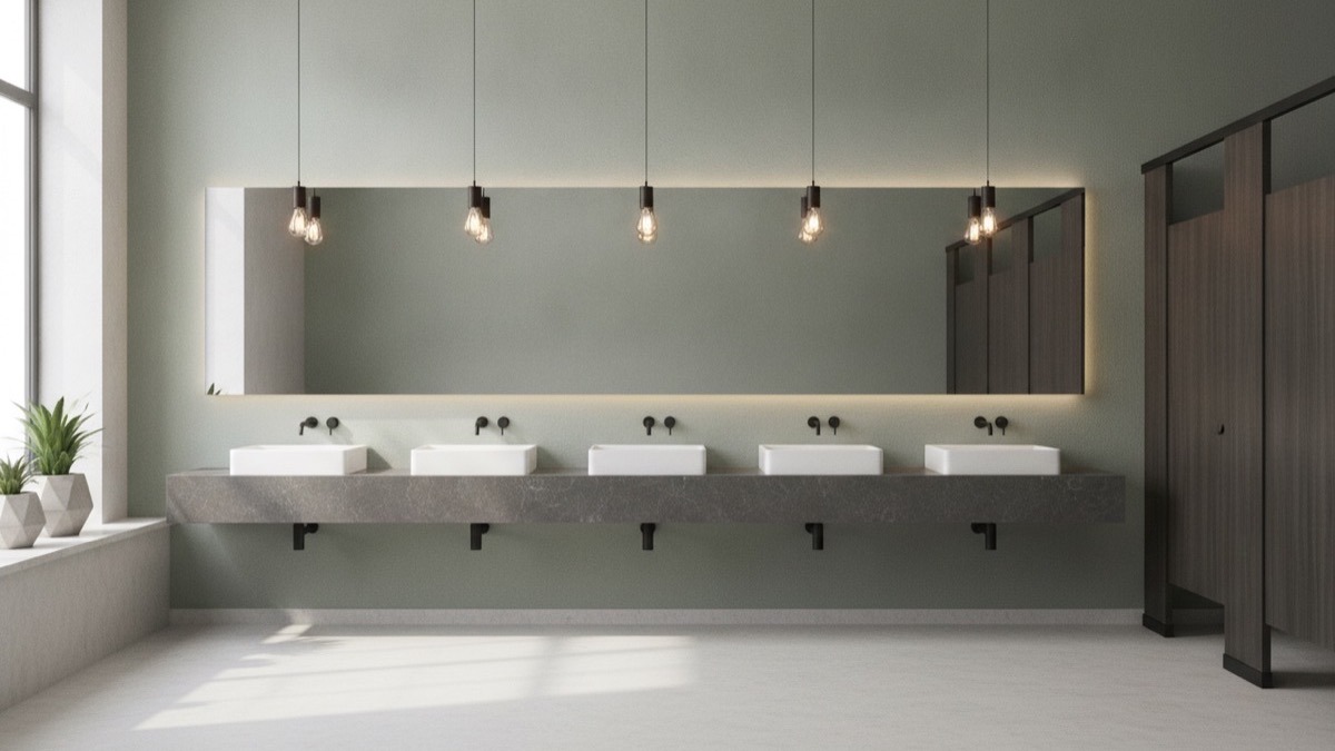 A modern industrial-chic Manchester office washroom with white basins, a dark stone vanity and a sage-green wall